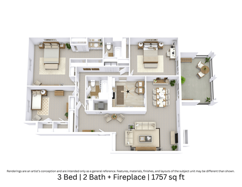 3D floor plan giving a detailed angled view of a 3 bedroom, 2 bath apartment with a fireplace, furniture layout, and interior flow across 1,757 Sq. Ft.